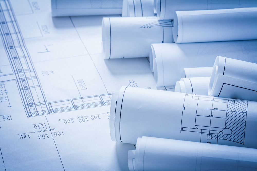 Building plans on a table.