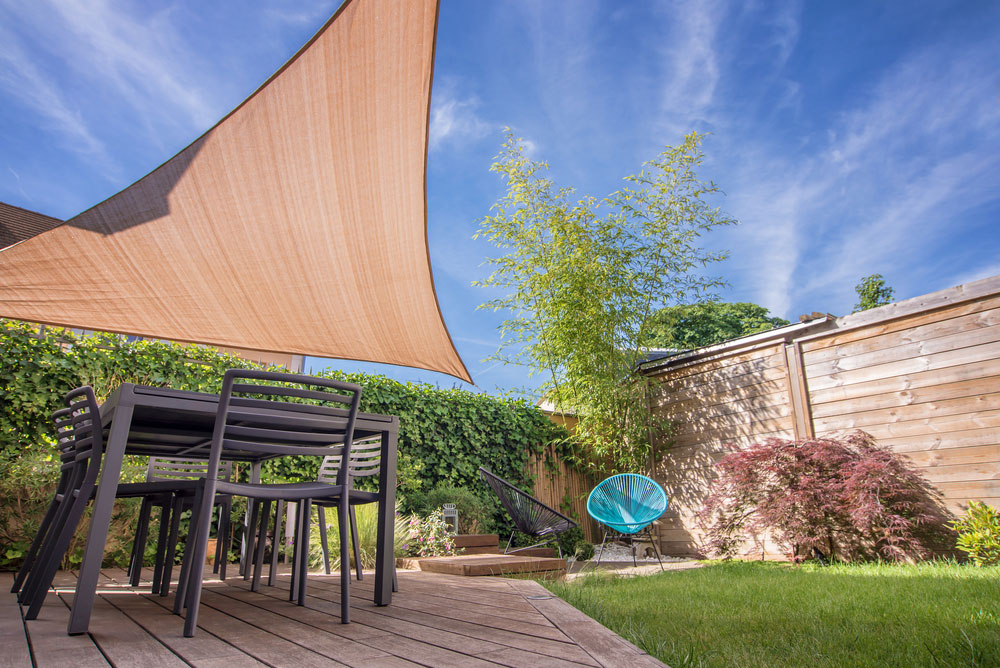 Shade sail in an outdoor entertaining area.