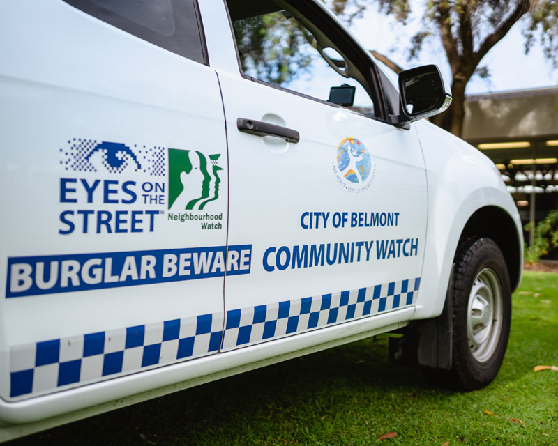 City of Belmont Community Watch vehicle parked on lawn