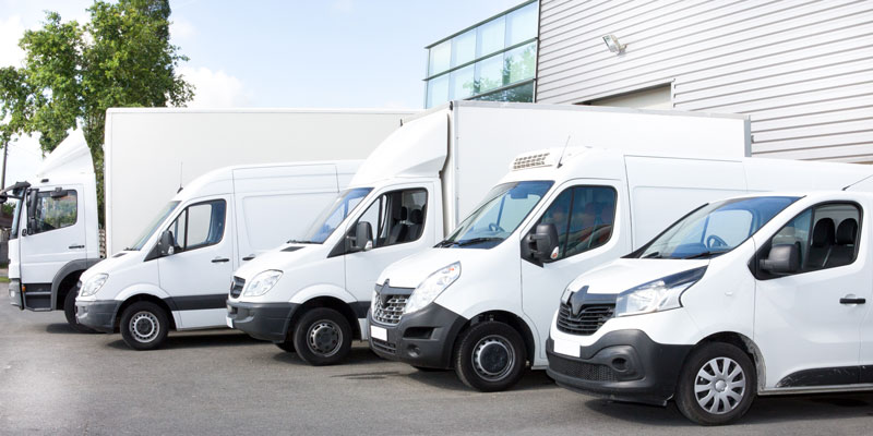 White commercial vehicles parked in a parking lot