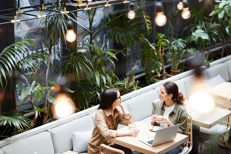 Two women talking to each other at a cafe with leaves.