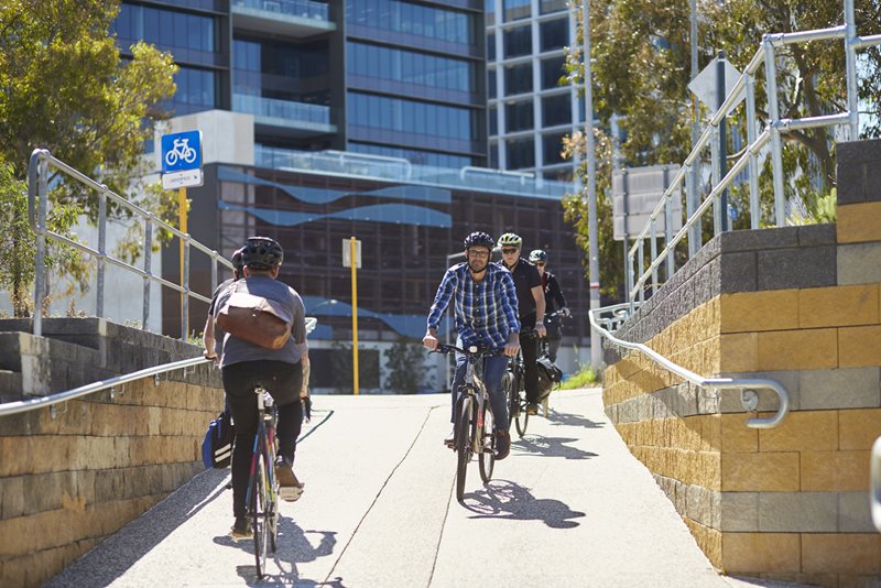 Children riding bikes to school