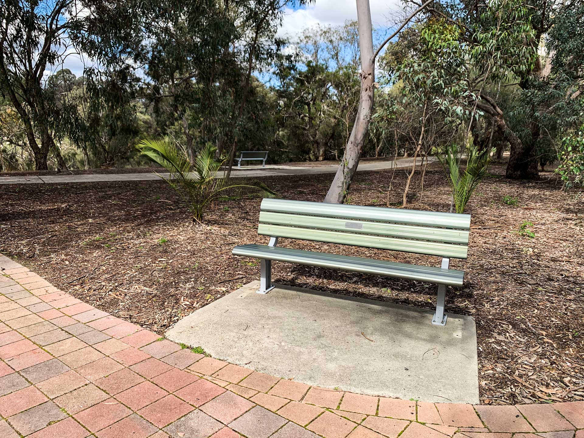 A memorial park bench at Tomato Lake.
