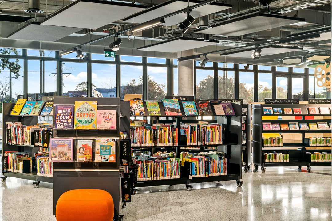 Library shelves full of books.