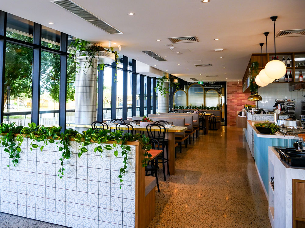 Interior seating booths of cafe.