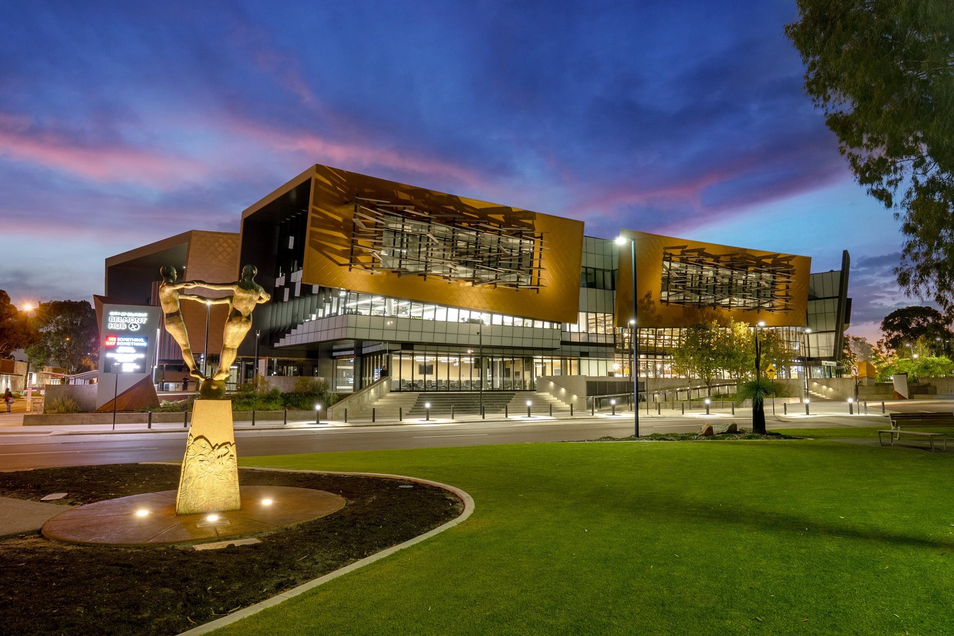 Belmont Hub exterior at sunset