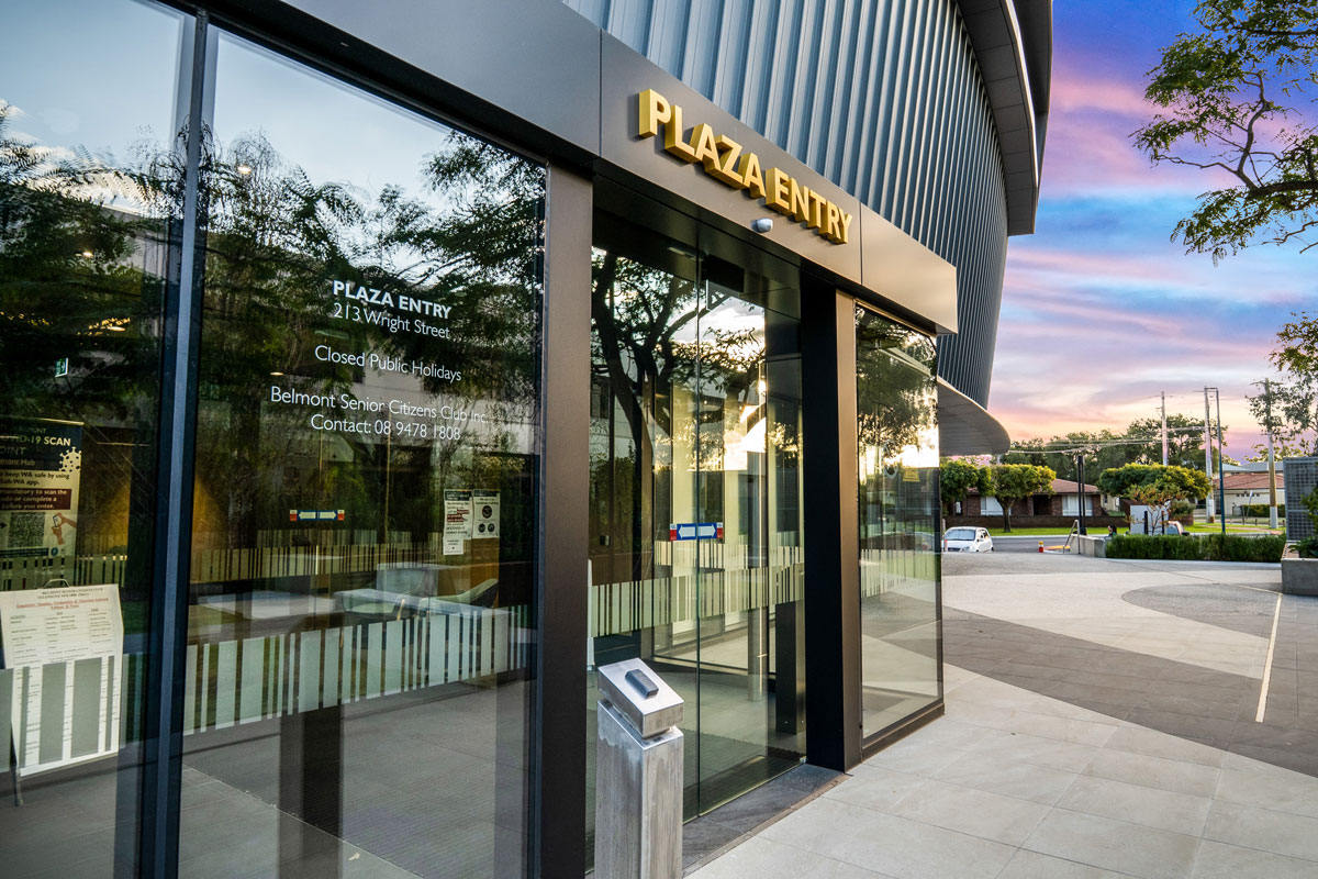 Plaza Entry of Belmont Hub at sunset