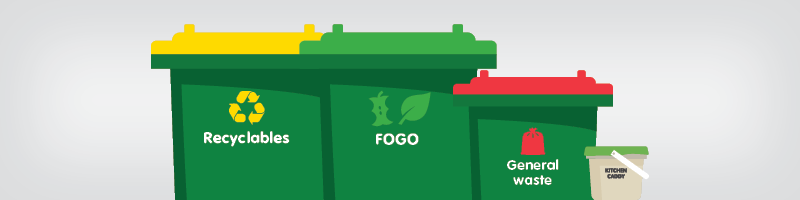 Cartoon design of a Recycling bin, Food Organics and Garden Organics bin, General Waste bin and kitchen caddy