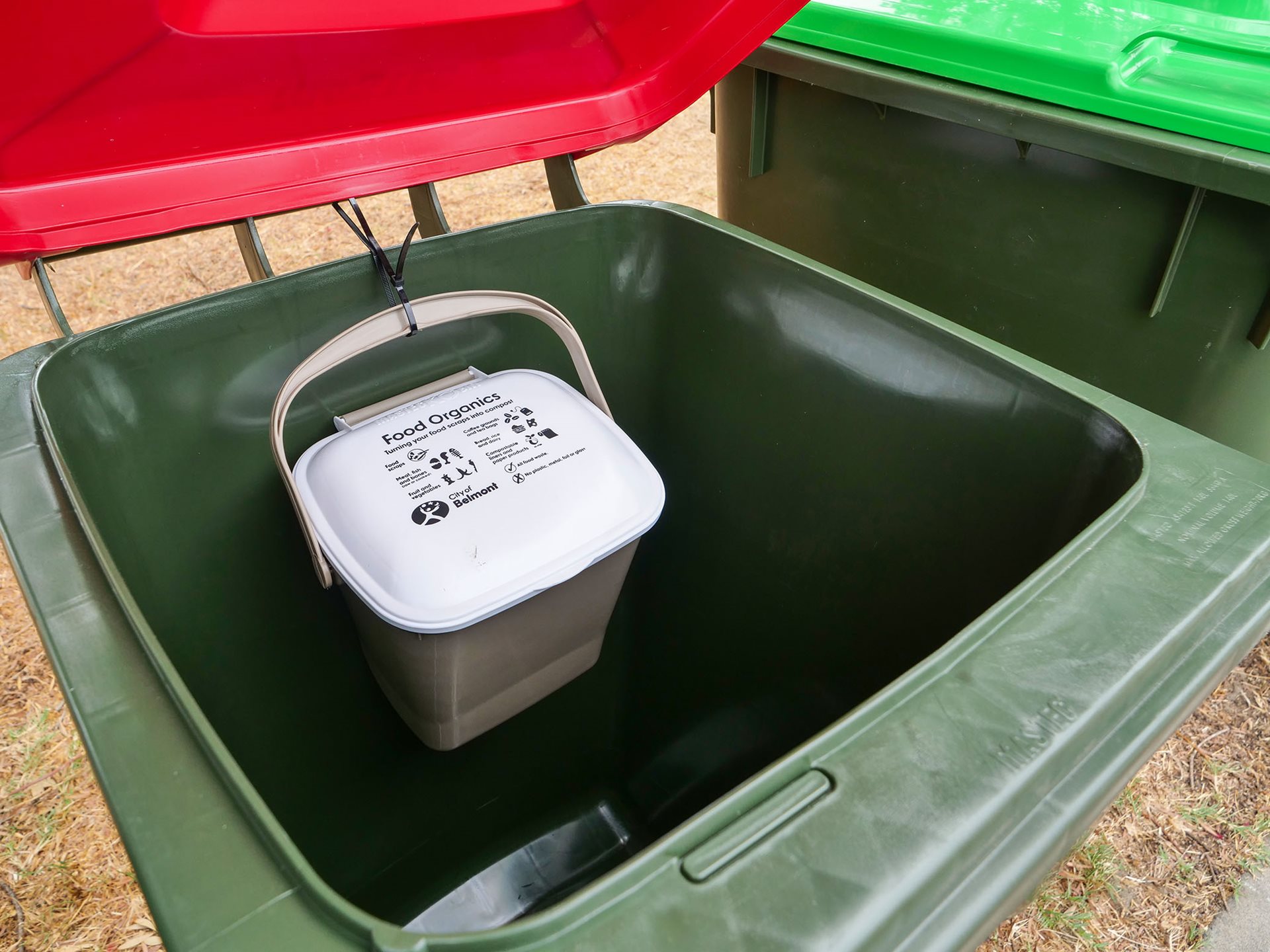 Kitchen caddy attached to the inside of a red lid general waste bin with a zip tie